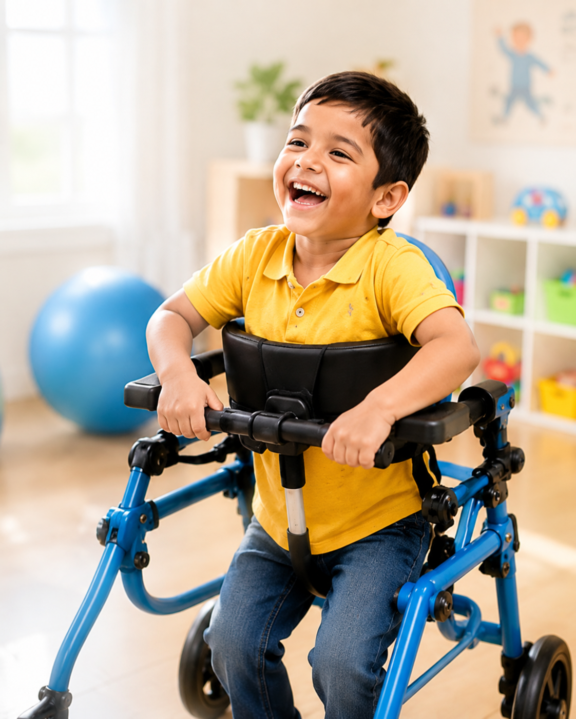 A happy child participating in a mobility therapy activity
